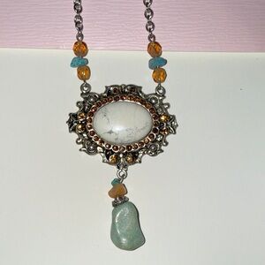 Elegant Silver and Gold Rhinestones Pendant Necklace w/ White-Jade Color Stones.